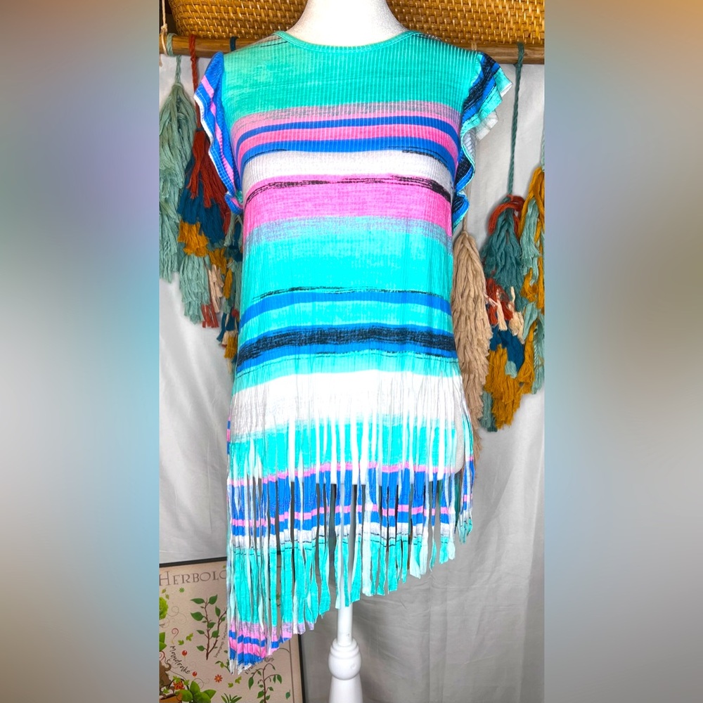 Sol R.H.R. Mint Striped Top With Diagonal Fringe Size Small
